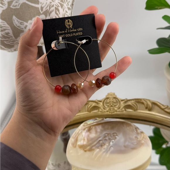 House of Harlow 1960 14KT Gold Plated Hoop Earrings with Multi-Colored Beads - Picture 4 of 6